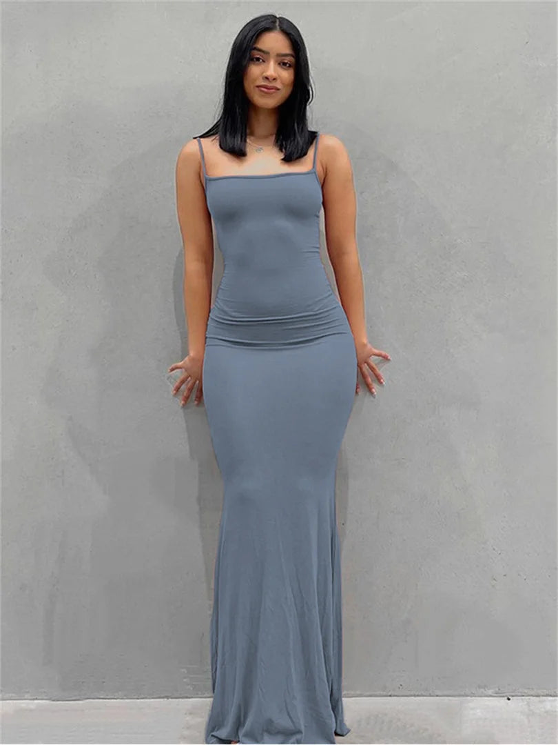 wsevypo Spaghetti Strap Bodycon Long Dress Summer  Women Sleeveless Wrapped Fish Tail Dress Solid Color Club Streetwear
