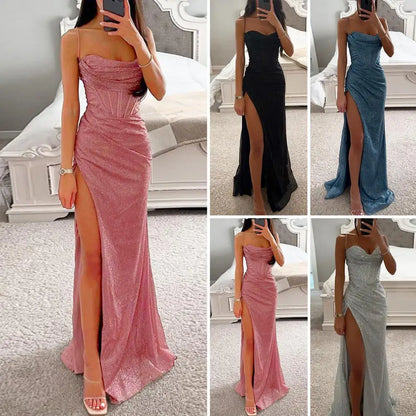 Women Evening Dress Spaghetti Strap Shiny Sequin Sleeveless Dress Off Shoulder Low-cut High Split Floor Length Lady Prom Dress
