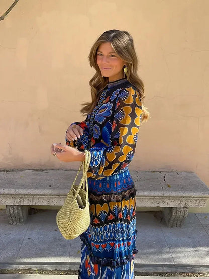 Elegant Print Patchwork Maxi Dress For Women Fashion Mid Neck Long Lantern Sleeve Loose Dresses Vacation Beach Lady Casual Robes