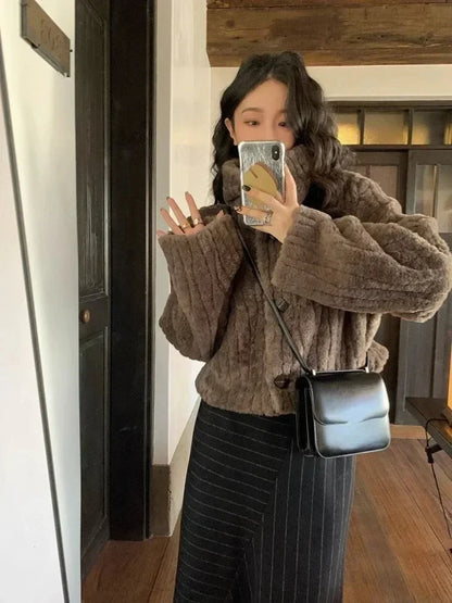 Vintage Cropped Stand Neck Loose Casual Jacket Japanese Streetwear Fashion Y2k Fluffy Coats Aesthetic Grunge Women Chaqueta Coat