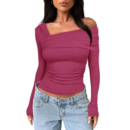 CUTENOVA Women Basic Solid Undershirt Slash Off Shoulder Full Sleeve Shirt Shrunk Soft T-Shirt Autumn Versatile Street Daily Top
