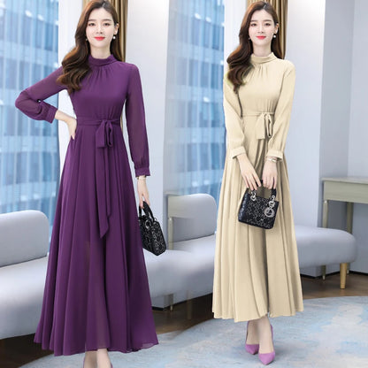 Spring Autumn Maxi Dresses Fashion Female Vintage Full Sleeve Solid A-line Casual Chiffon Dress Women Long Dresses Muslim Dress
