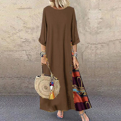 Maxi Dress For Women Elegant Chic Long Dresses Vintage Print Black Red Dress Mid Sleeve Casual O-Neck Streetwear Clothing Ladies