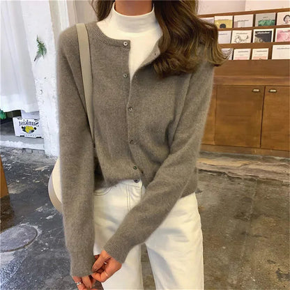 DIHOPE Women Cardigan Solid Color O-Neck Long Sleeve Button Spring Autumn Casual Loose Knit Sweater Coat Woman Korean Fashion