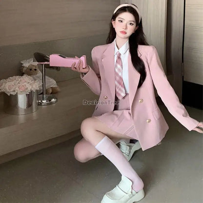 2024 autumn new Japanese korean style women pink jk uniform set girl college style school Suit short coat pleated skirt set a703