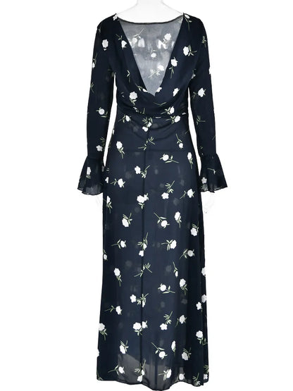 JULISSA MO Ladies Chiffon Floral Print Long Sleeve Backless Maxi Dress High Split Elegant Slim Evening Dress  Autumn Outfits