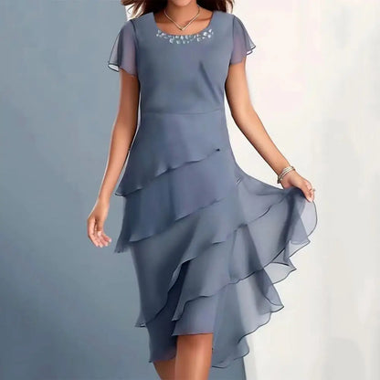 Ladies Chiffon Dress Pleated Chiffon Dress Elegant Ladies Chiffon Midi Dress Solid Color Pleated Vacation Opaque Layered Dress