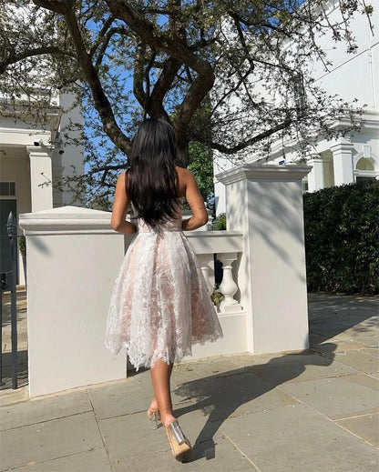 Lace Tube Top Women Prom Dress Tight Waist Strapless Party Gown Elegant Embroider White Blue Sheer Evening Dress Newest In Stock
