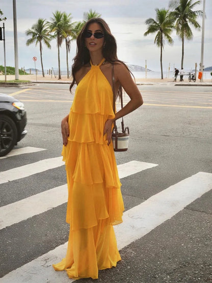 Sexy Off Shoulder Ruffles Layered Halter Maxi Dress Women Backless Sleeveless Floor Length Robes 2024 Lady Beach Party Vestidos