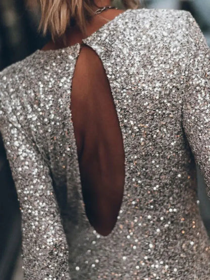 Women Fashion Shiny Sequins Mini Dress Elegant Backless Round Neck Long Sleeve Prom Dresses Sexy Party Club Ladies Vestidos