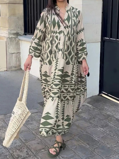 Casual Print Shirt Dresses Women Retro Long Sleeve Buttons Pleated Loose Long Dress  Female Spring Summer Boho V Neck Robe