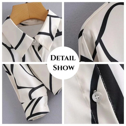 2024 New Women's Shirts & Blouses,geometric Stripe Printing Elegant Women Blouse Long-Sleeved Female Clothing Tops Camisa