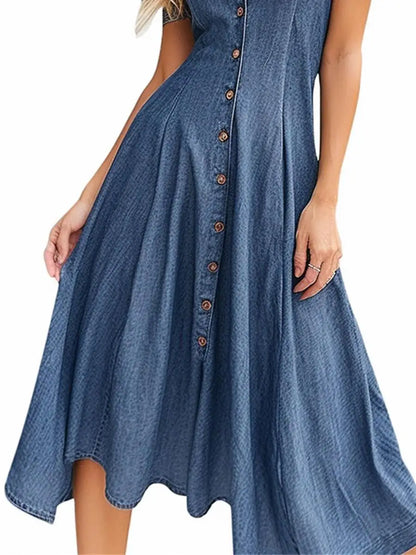 Elegant Casual Female Dress Loose Big Swing Short Sleeve Clothing Denim Outfits Solid Color Long Dresses