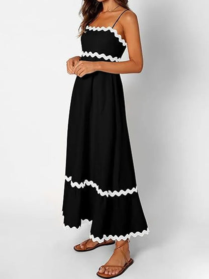 Contrast Color Female Dresses Elegant Aesthetic Loose Summer 2024 Beach Women’s Long Dress High Waist Sleeveless Dress