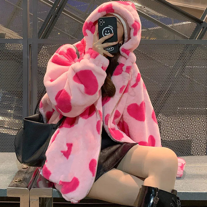 Harajuku Heart-shaped Print Plush Jacket Women Winter Korean Long Sleeve Zip Up Hooded Coat Thick Warm Couple Streetwear Hoodies