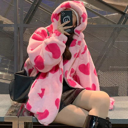 Harajuku Heart-shaped Print Plush Jacket Women Winter Korean Long Sleeve Zip Up Hooded Coat Thick Warm Couple Streetwear Hoodies