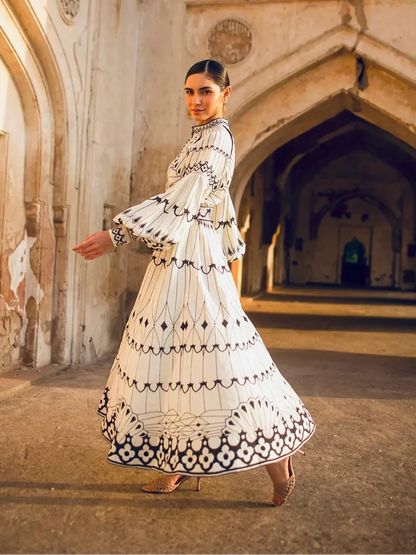 Black Printed Stand Collar A-line Midi Dress With Belt Women Lantern Sleeve Button Dresses 2024 Lady Casual Vacation Vestidos