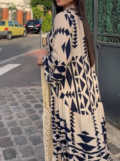 Casual Print Shirt Dresses Women Retro Long Sleeve Buttons Pleated Loose Long Dress  Female Spring Summer Boho V Neck Robe