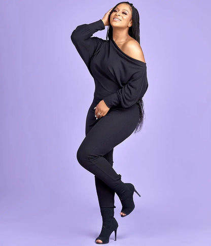 LW BASICS Plus Size One Shoulder Asymmetrical Jumpsuits Women Spring Solid Color Long Sleeve Casual One Pieces Suits