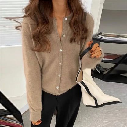 DIHOPE Women Cardigan Solid Color O-Neck Long Sleeve Button Spring Autumn Casual Loose Knit Sweater Coat Woman Korean Fashion