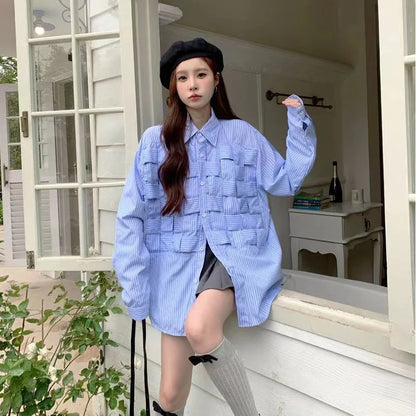DAYIFUN Women Solid Hollow Out Shirts Lapel Long Sleeve Loose Waist Fashion Patchwork Blouse Female Chic Casual Poly Blusas 2024