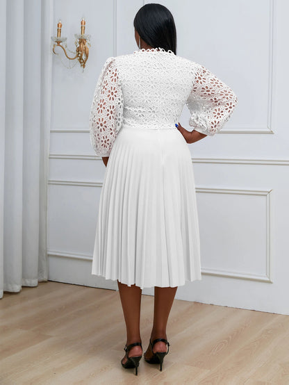 Chic snowsui Pleated Dress Hollow Out Lace Midi Dresses Puff Sleeve Spring Summer Plus Size Elegant Fashion Party Birthday Gowns