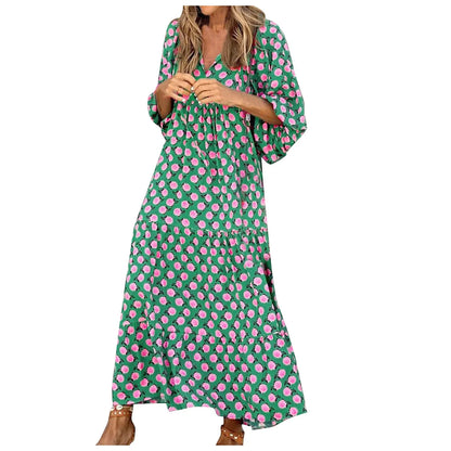 Women's Summer Casual Fashion Geometric Print Neckline Lace-up Bubble Middle-sleeves Ruffle Stitching Big Swing Long Losse Dress