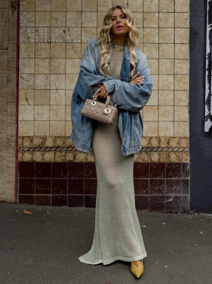 Long Sleeve Knit Beach Dress Women Sexy See Through Slim Maxi Dress Summer Elegant Solid Backless Long Dress Holiday Outfit 2024