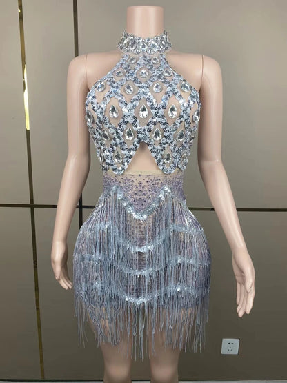 Luxury Sexy See Through Halter Silver Beads Crystals Dresses Black Girls Tassel Short Birthday Party Prom Dresses 2024 Sanjiao