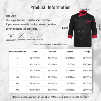 Long Sleeve Chef Clothes Uniform Restaurant Kitchen Cooking Men Women Chef Coat Waiter Work Jackets Professional Uniform Overall