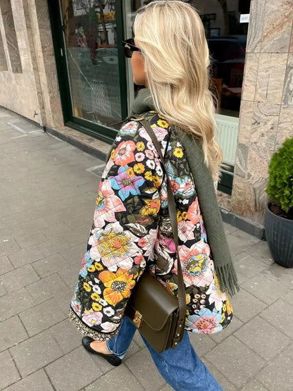 TRAF Quilted Jacket Woman Autumn Winter Flower Printed Vintage Demi-season Jacket for Women Coats Tweed Warm New in Outerwear