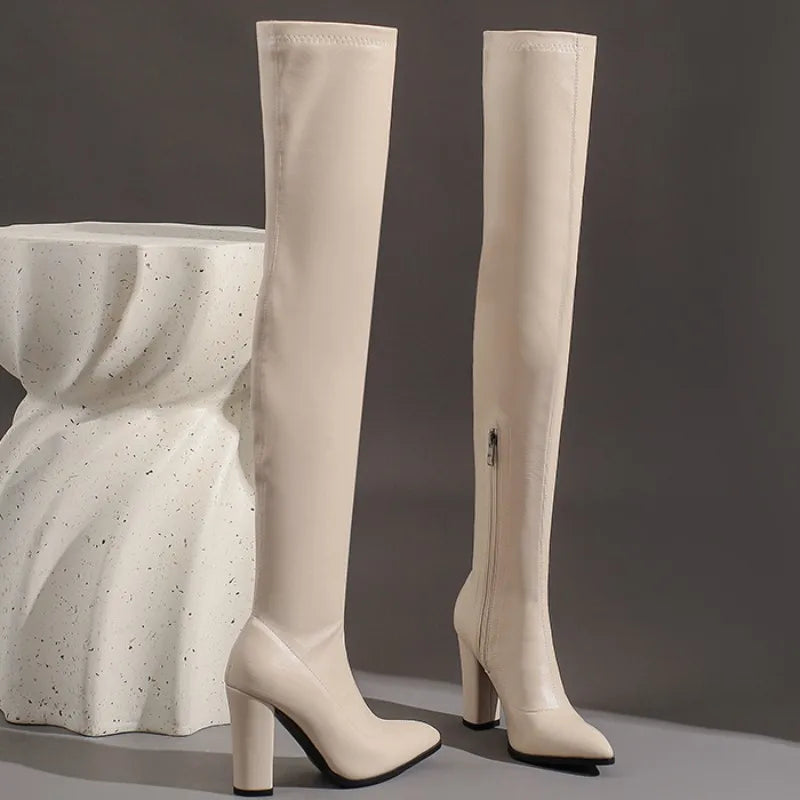Elastic Thigh High Boots Women Shoes Sexy Autumn Winter Black Heeled Over-the-knee Boots Fetish Party Shoes Ladies Large Size 48