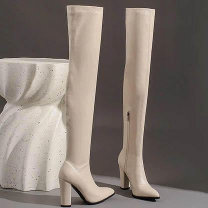 Elastic Thigh High Boots Women Shoes Sexy Autumn Winter Black Heeled Over-the-knee Boots Fetish Party Shoes Ladies Large Size 48