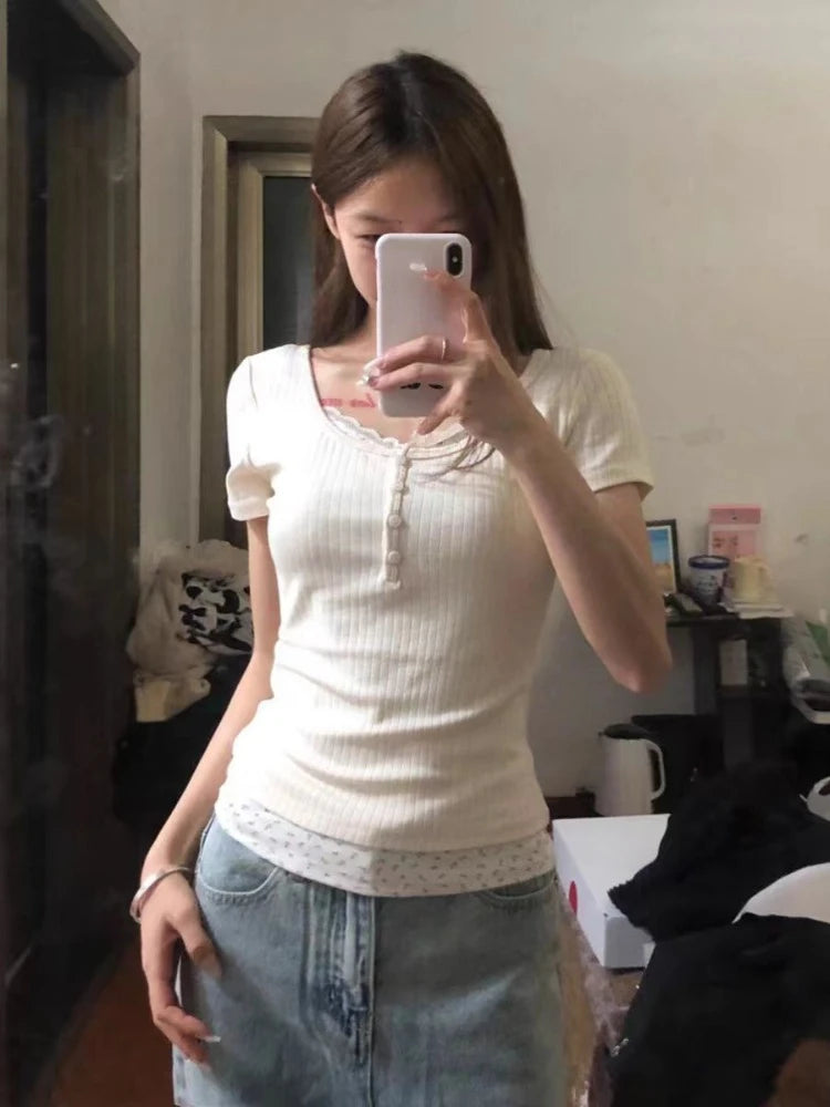 Fake Two Pieces Sweet Flower Print Women T-shirt Slim Long Sleeve Bottoming Crop Top Patchwork Lace Tees Y2k Aesthetic Fashion