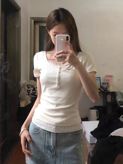 Fake Two Pieces Sweet Flower Print Women T-shirt Slim Long Sleeve Bottoming Crop Top Patchwork Lace Tees Y2k Aesthetic Fashion