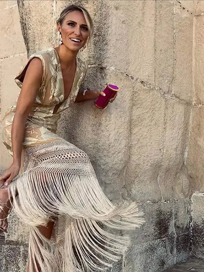 Women V Neck Printed Irregular Tassels Dress Sexy Sleeveless Backless Slim Dresses 2024 Summer Female Casual Party Prom Vestido