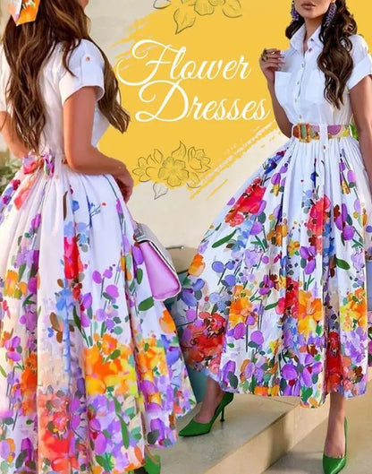 Ladies Dress 2023 Summer New Elegant Lapel Floral Ruffle Button Shirt Dress Vacation Short Sleeve Dress Fashion Streetwear