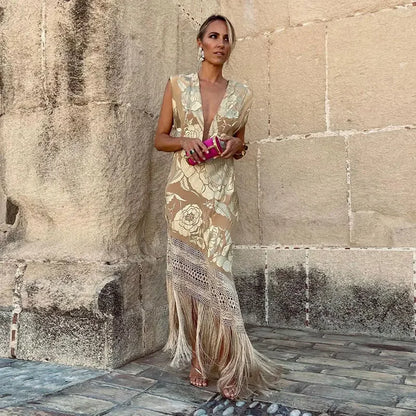 Women V Neck Printed Irregular Tassels Dress Sexy Sleeveless Backless Slim Dresses 2024 Summer Female Casual Party Prom Vestido