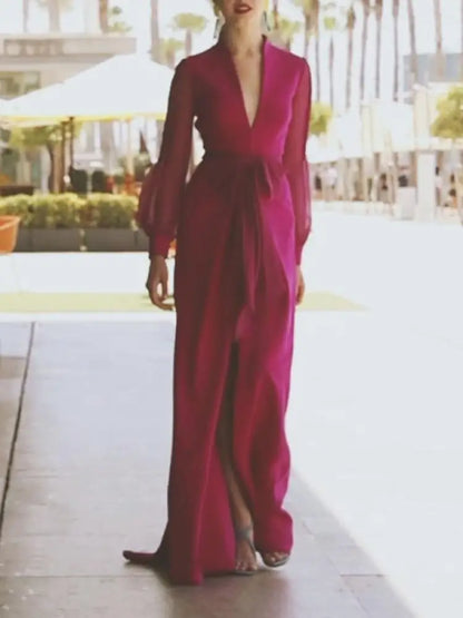 Yeezzi Women Elegant Evening Party Dresses 2024 New Spring Summer Solid Color Deep V-Neck Split-Front Bandage Banquet Prom Gown