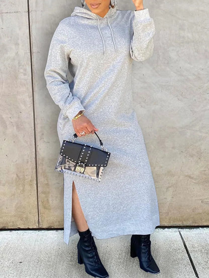 LW Plus Size Women's Hooded Regular Collar Side Split Sweat Solid Color Autumn Casual Long Sleeve Dress