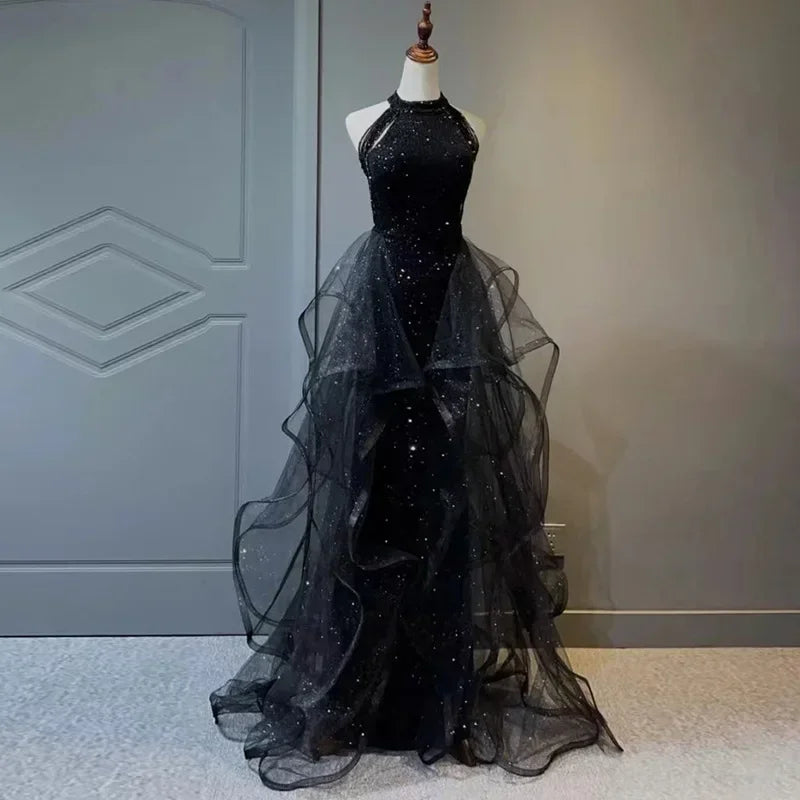 Maxi Dresses For Women Evening Party Black Sequin Sleeveless Ruffles Slim Fit Solid Retro Lace Skirts Fashion Women's Prom Dress