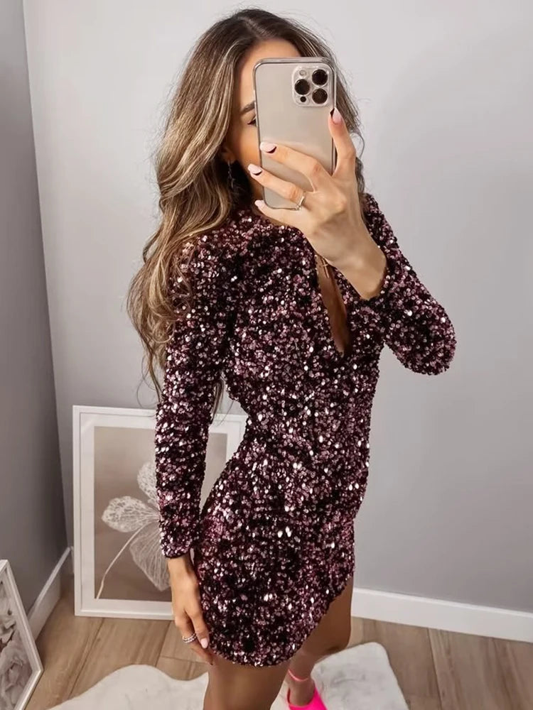 Sexy Women Sequined Mini Dress Long Sleeve Backless Casual Dresses O Neck Bodycon Backless Party Club New Year Dress Vestidos