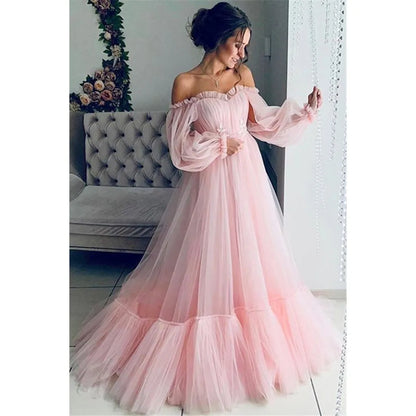 Women's Dresses Solid Candy Color Long Sleeve Off Shoulder Slash-Neck Fashion Gauze Long Full Length Swing Dress Party Dresses