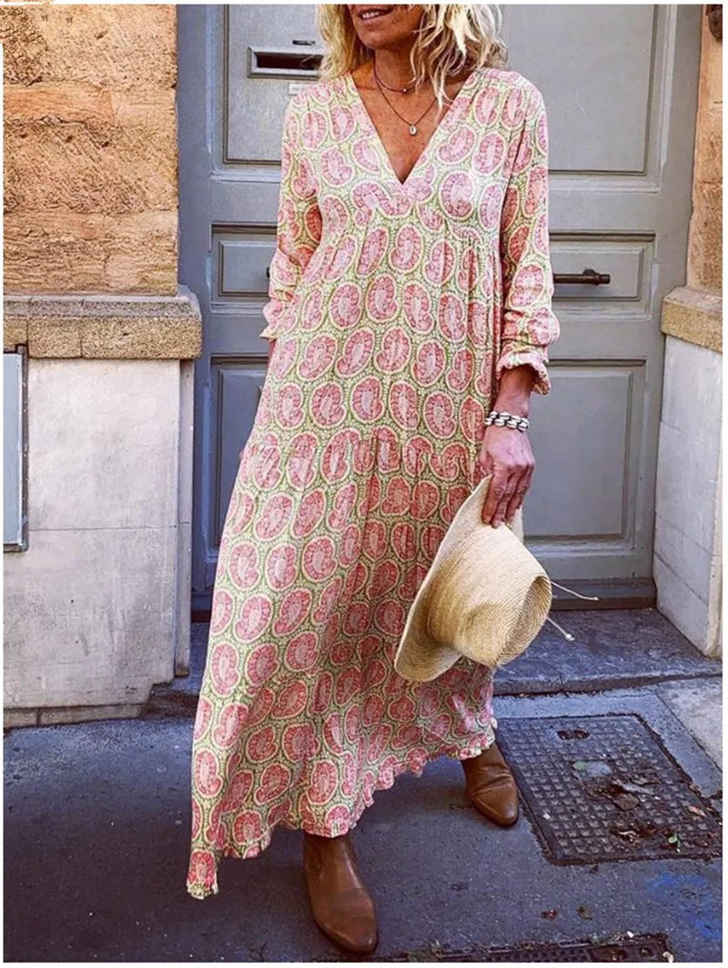 Casual Bohemian Style Beach Dresses For Women Fashion Printed Sexy V-neck Long Sleeve Loose Maxi Dress Vestidos Streetwear