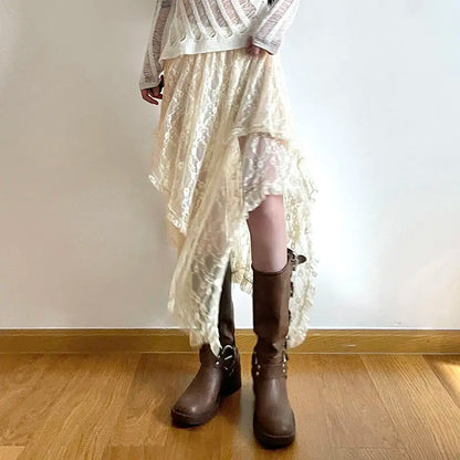 Deeptown Lace Asymmetrical Skirt Fairycore Women Vintage Y2K Boho Aesthetic Fashion High Waist Mid Skirts Lady Holiday Outfits