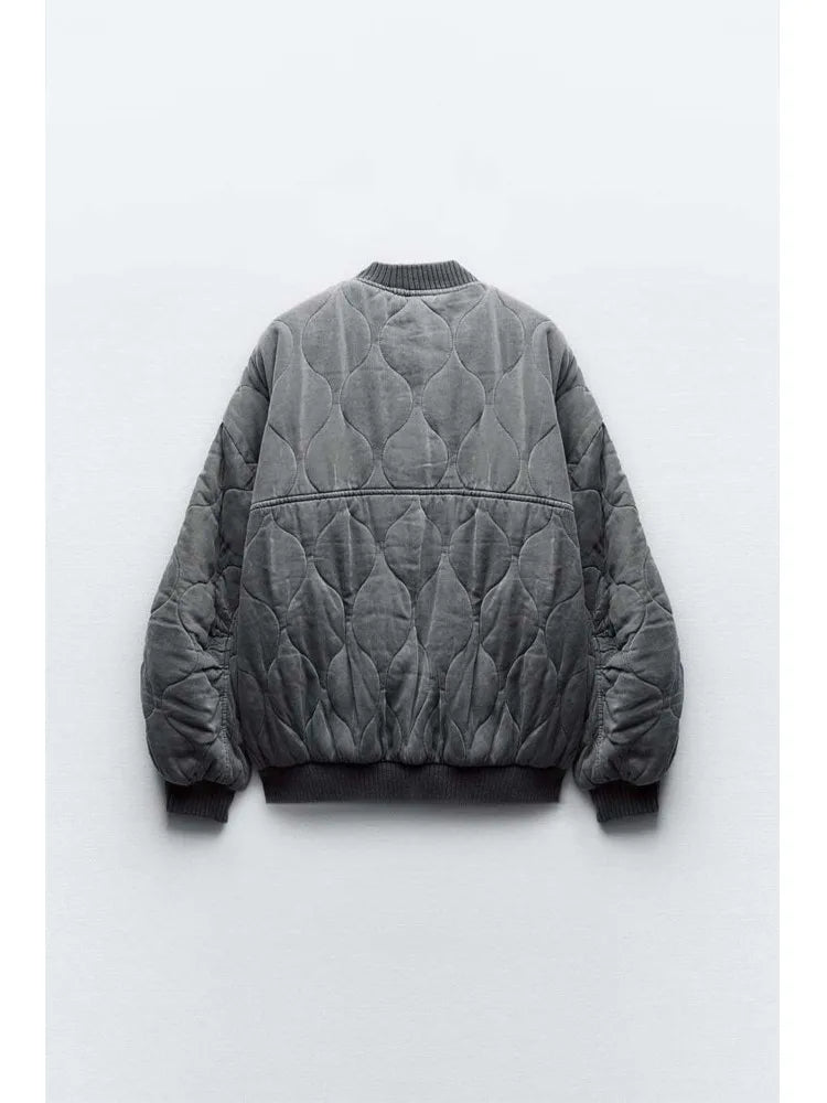 Gray Cotton Bomber Jacket Coat For Women Loose O-neck Long Sleeve Casual Outwear Autumn Winter Fashion Female Streetwear