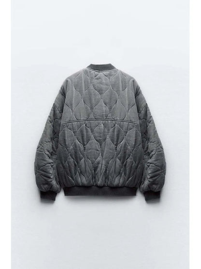 Gray Cotton Bomber Jacket Coat For Women Loose O-neck Long Sleeve Casual Outwear Autumn Winter Fashion Female Streetwear