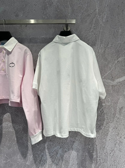 2024 Early Spring White Embroidered Knitted Cotton Turndown Collar Short sleeved Polo Shirt Women loose blouse tops t-shirt