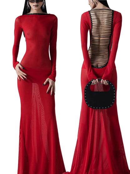 Women See Through Bodycon Long Dress Long Sleeve Mesh Sheer Maxi Dress Cross Tie Up Backless Club Party Dress Sexy Casual Daily