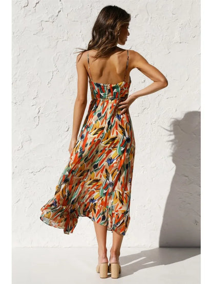 2023 Summer Printed Dress For Women Sexy Spaghetti Strap Boho Beach Vacation Sundress V-neck  Backless Dresses Femme Vestidos
